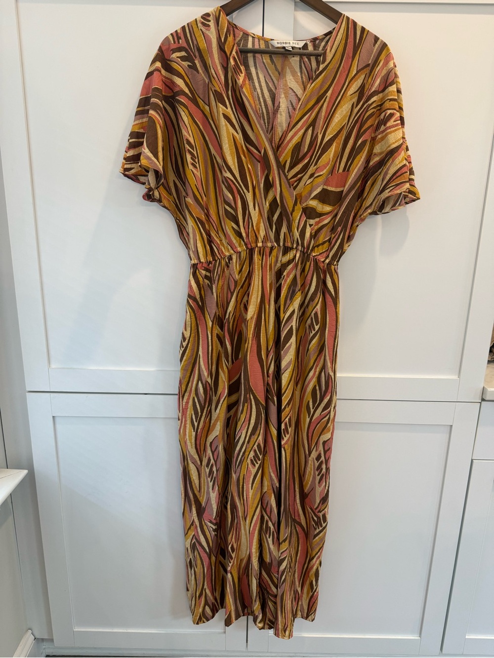 Robbie Bee L Abstract Print Faux Wrap Long Sleeve Romper Boho